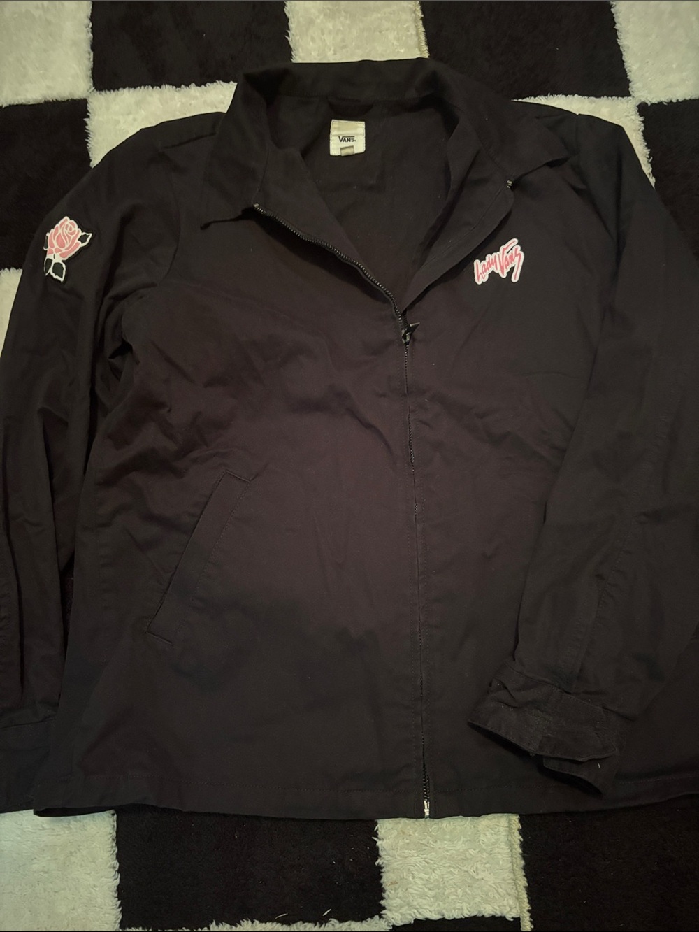 Vans Black Utility Jacket with Pink Rose Patch
